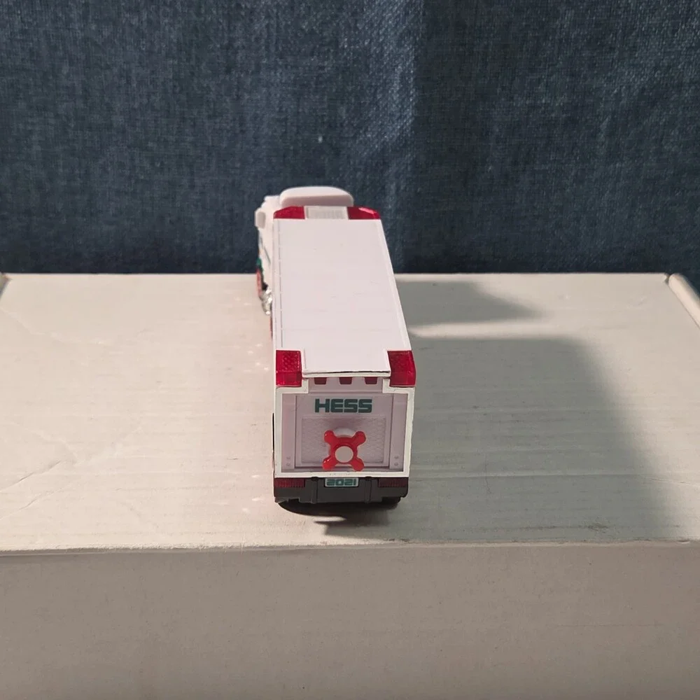 2021 Hess Mini Toy Truck Semi Hauler with Race Car White & Green Collectible